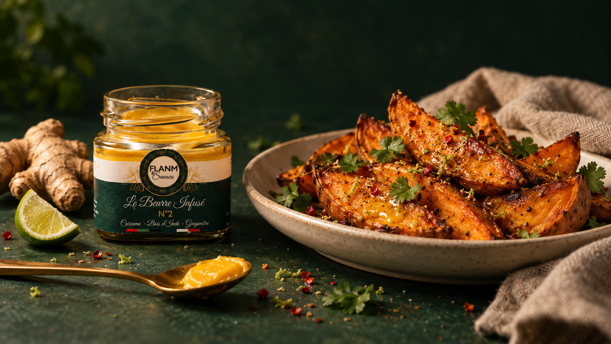 Patates douces rôties au curcuma et au gingembre, accompagnées du Beurre Infusé N°2 FLANM & Saveurs.