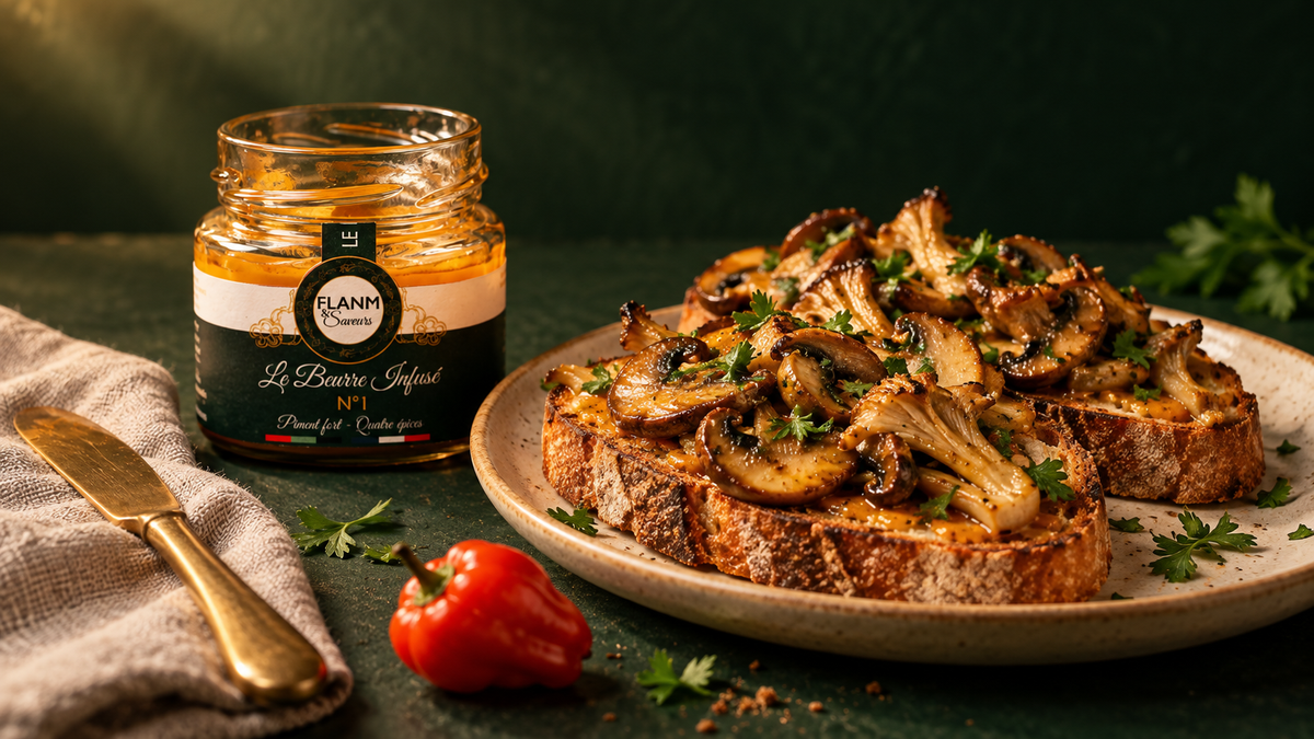 Tartines de champignons dorés, accompagnées du Beurre Infusé N°1 au piment fort et quatre épices FLANM & Saveurs.